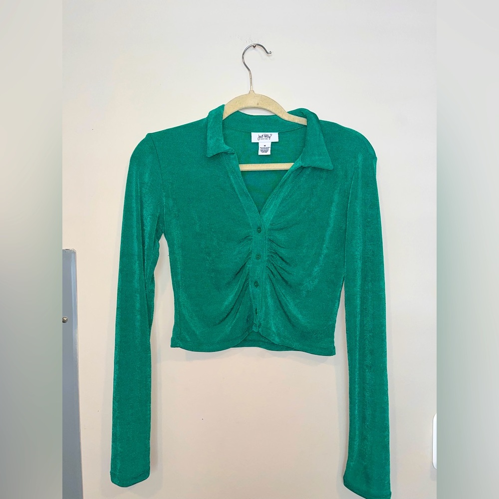 Kelly Green Long Sleeve button down crop top